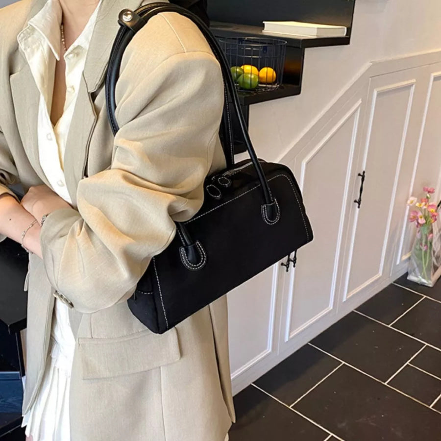 Velvet Shoulder Bag with Leather Strap Black / One Size Apparel and Accessories