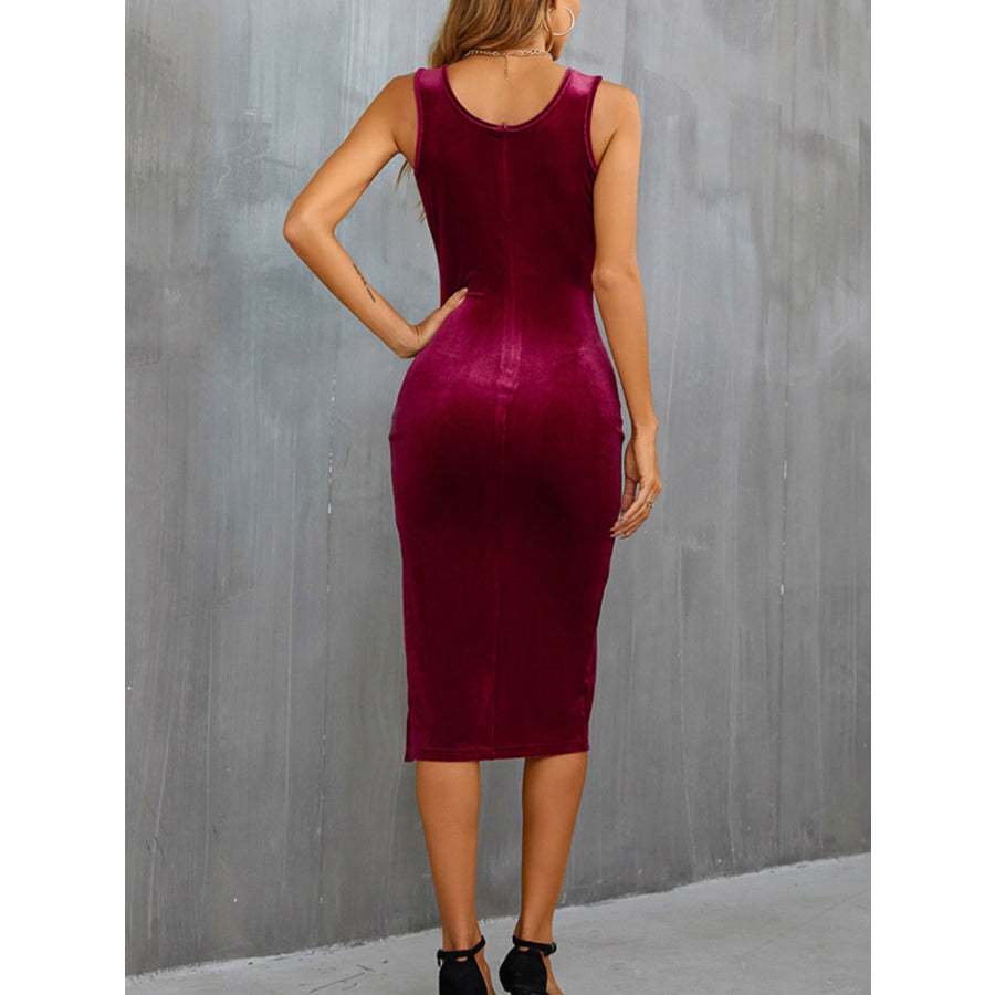 Velvet Slit Wide Strap Midi Dress Apparel and Accessories