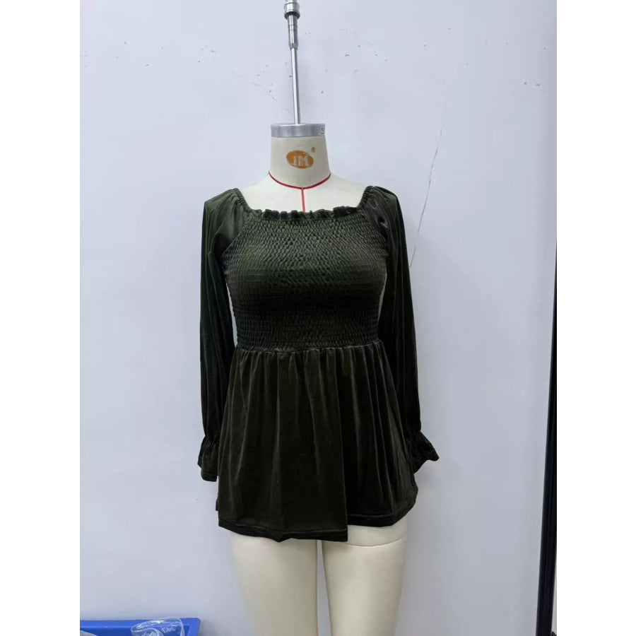 Velvet Smocked Peplum Blouse Apparel and Accessories