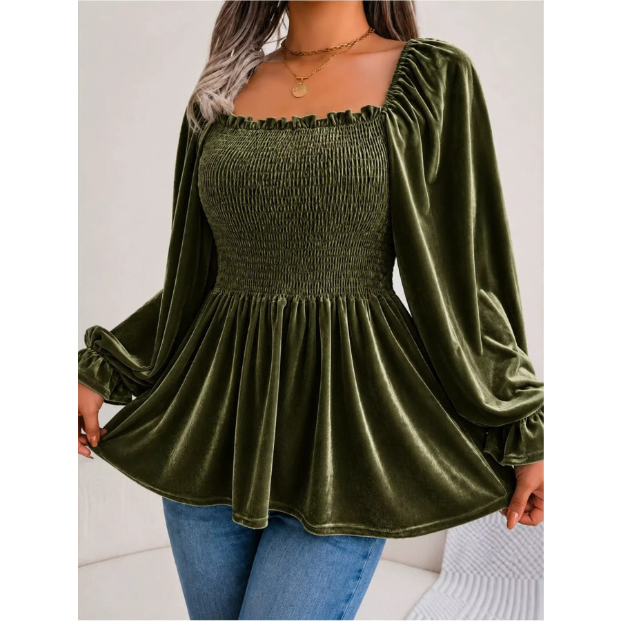Velvet Smocked Peplum Blouse Black Forest / S Apparel and Accessories