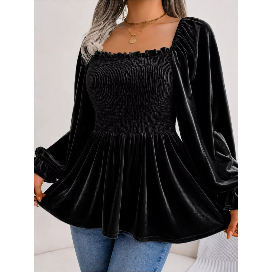 Velvet Smocked Peplum Blouse Black / S Apparel and Accessories