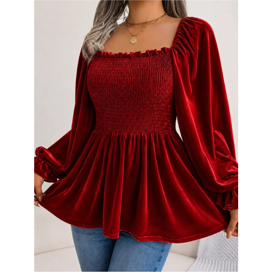 Velvet Smocked Peplum Blouse Burgundy / S Apparel and Accessories