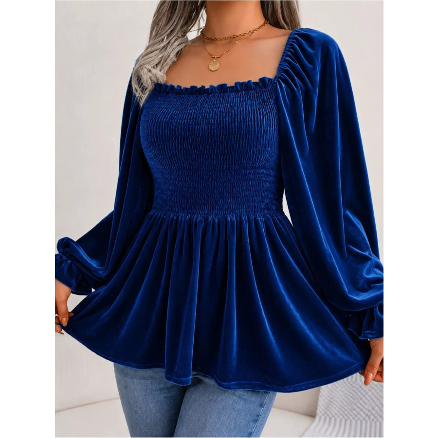 Velvet Smocked Peplum Blouse Indigo / S Apparel and Accessories