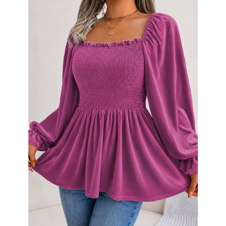 Velvet Smocked Peplum Blouse Mauve / S Apparel and Accessories