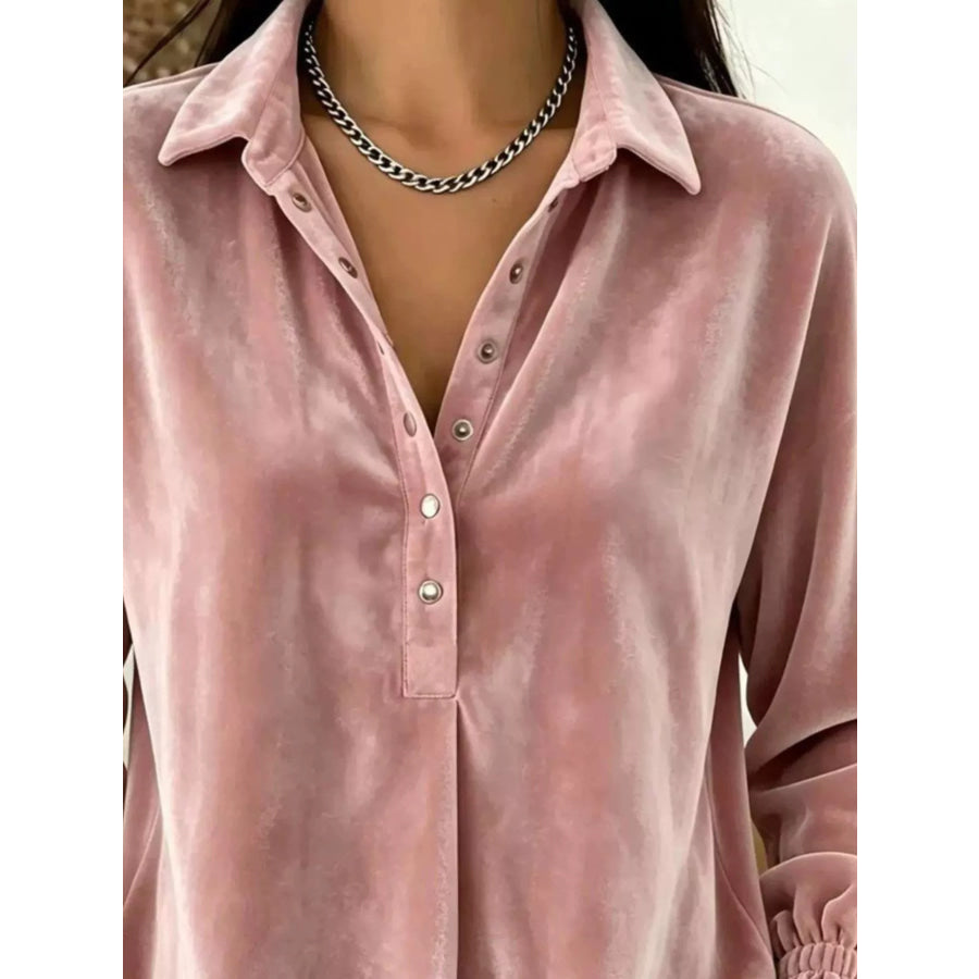 Velvet Snap Down Long Sleeve Blouse Apparel and Accessories