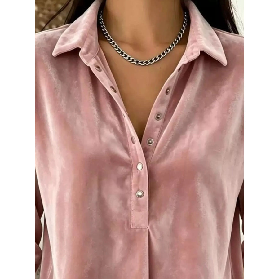Velvet Snap Down Long Sleeve Blouse Apparel and Accessories