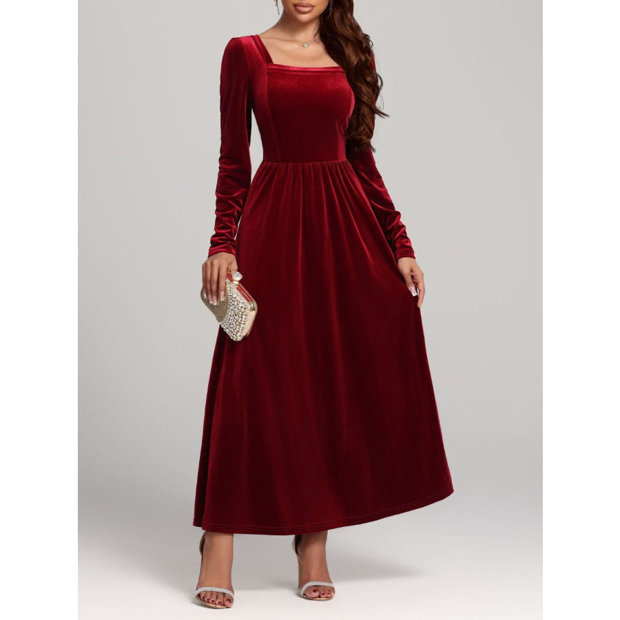 Velvet Square Neck Long Sleeve Dress Apparel and Accessories