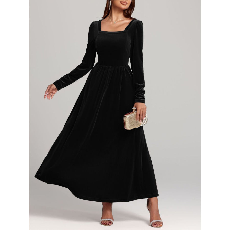 Velvet Square Neck Long Sleeve Dress Black / S Apparel and Accessories