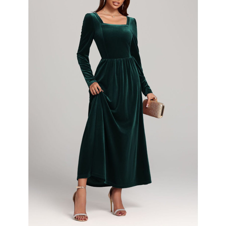 Velvet Square Neck Long Sleeve Dress Dark Green / S Apparel and Accessories