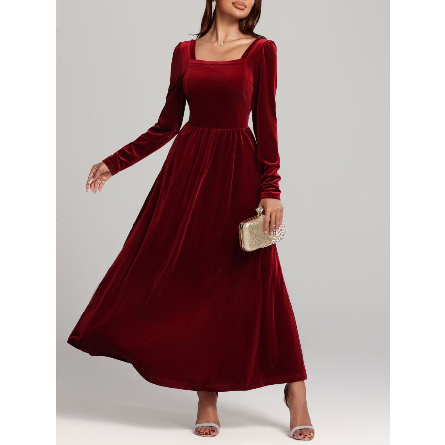 Velvet Square Neck Long Sleeve Dress Deep Red / S Apparel and Accessories