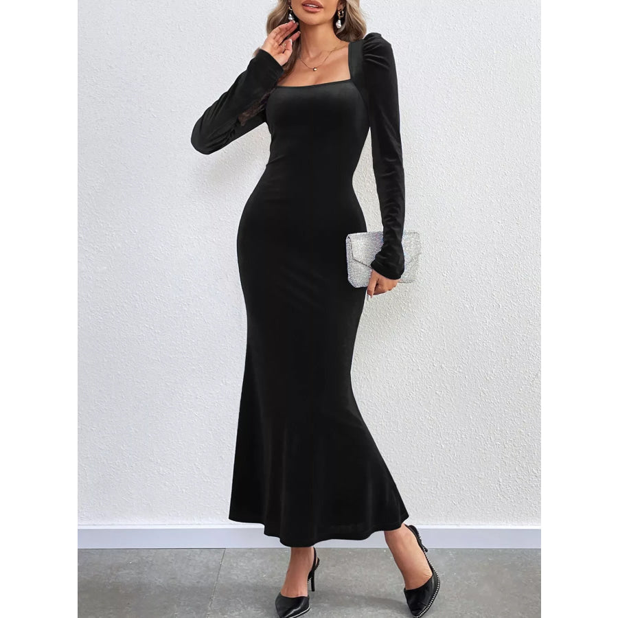 Velvet Square Neck Long Sleeve Mermaid Dress Black / S Apparel and Accessories