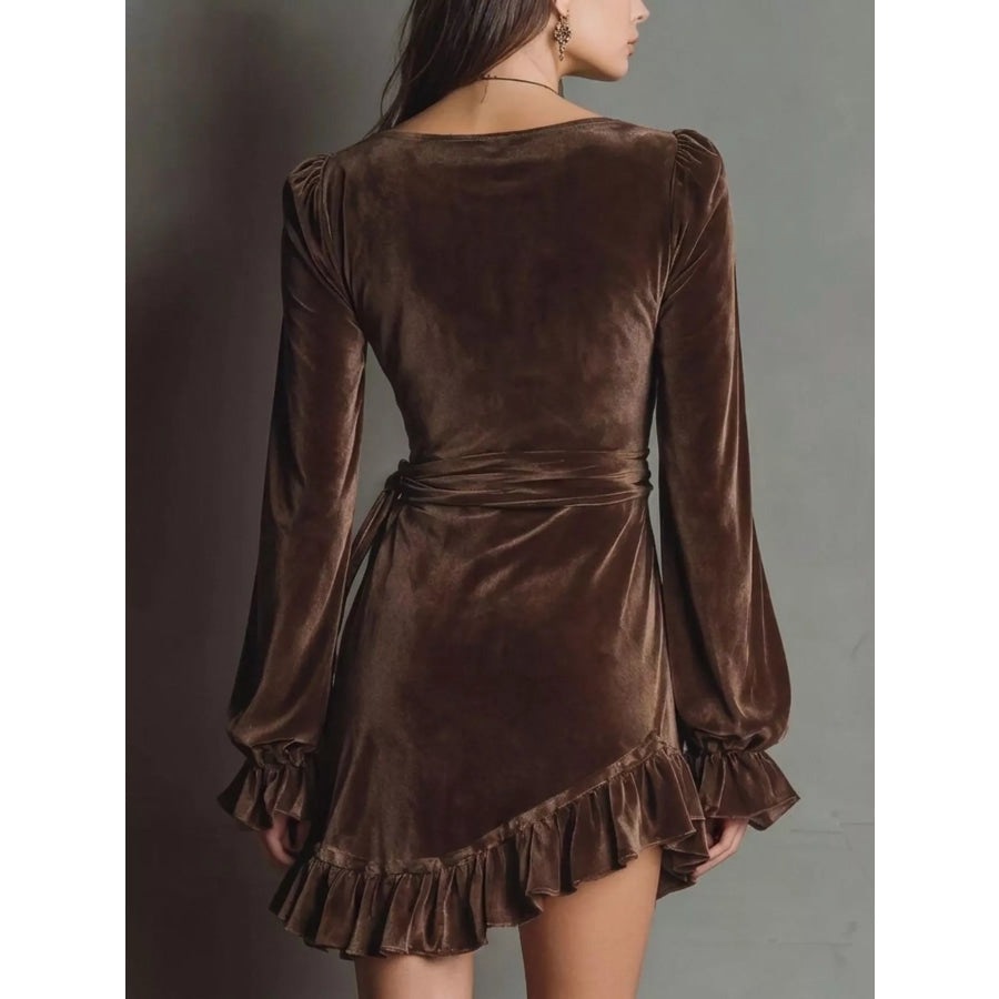 Velvet Surplice Flounce Sleeve Dress Dark Brown / S Apparel and Accessories