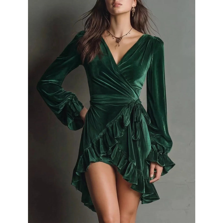 Velvet Surplice Flounce Sleeve Dress Dark Green / S Apparel and Accessories