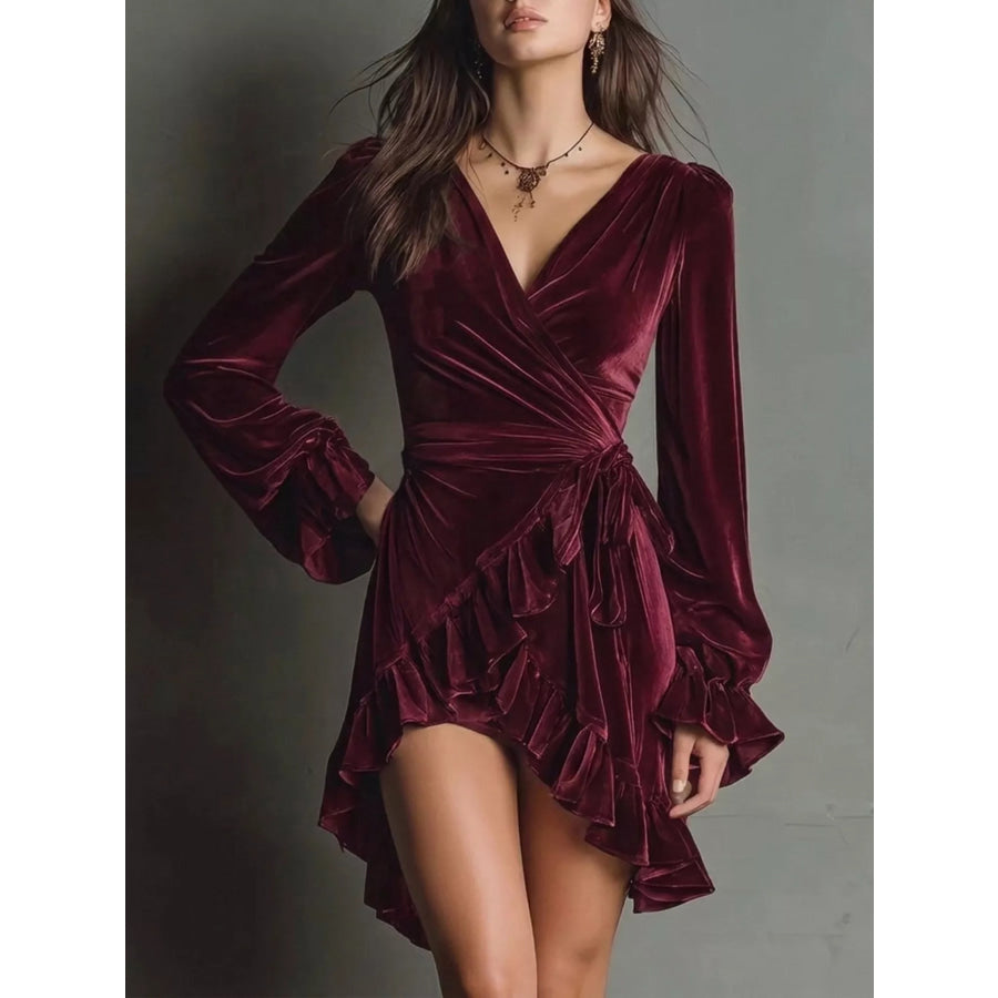 Velvet Surplice Flounce Sleeve Dress Wine Red / S Apparel and Accessories