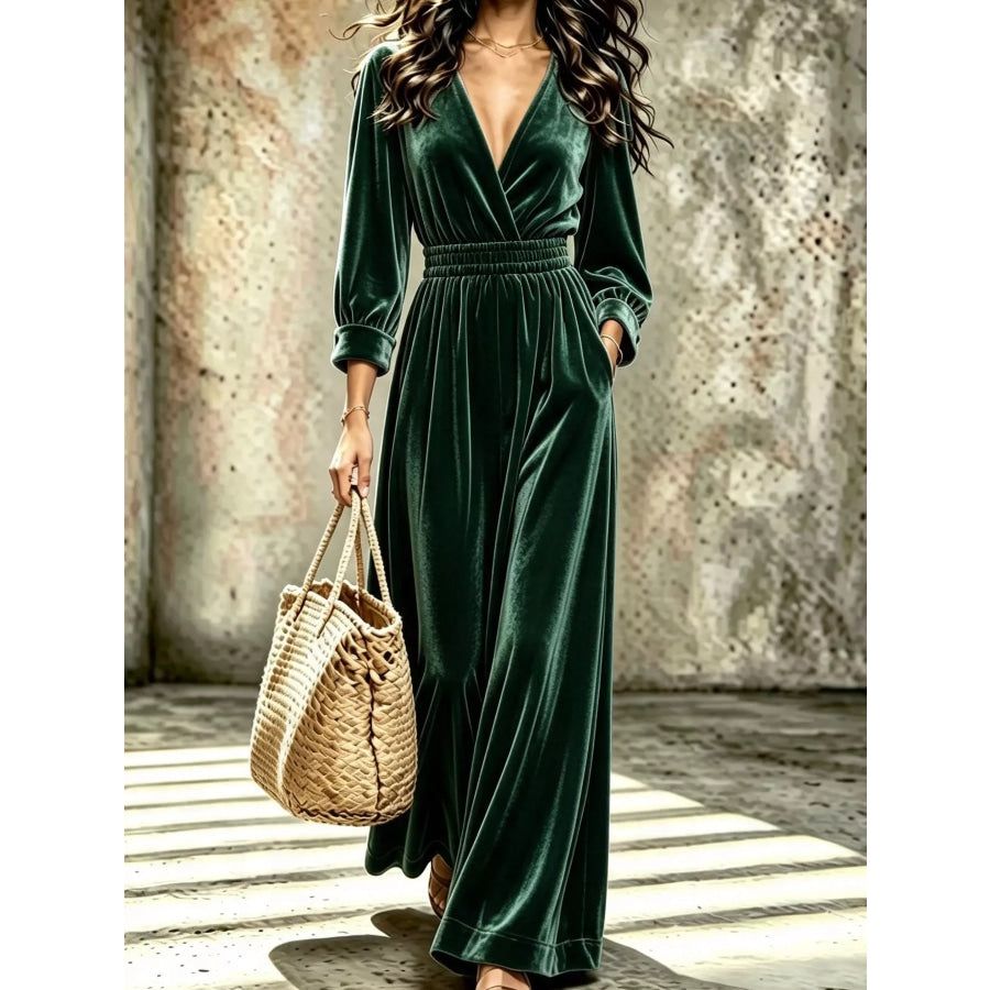 Velvet Surplice Long Sleeve Jumpsuit Dark Green / S Apparel and Accessories