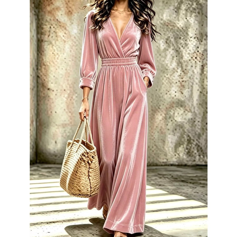 Velvet Surplice Long Sleeve Jumpsuit Pink / S Apparel and Accessories