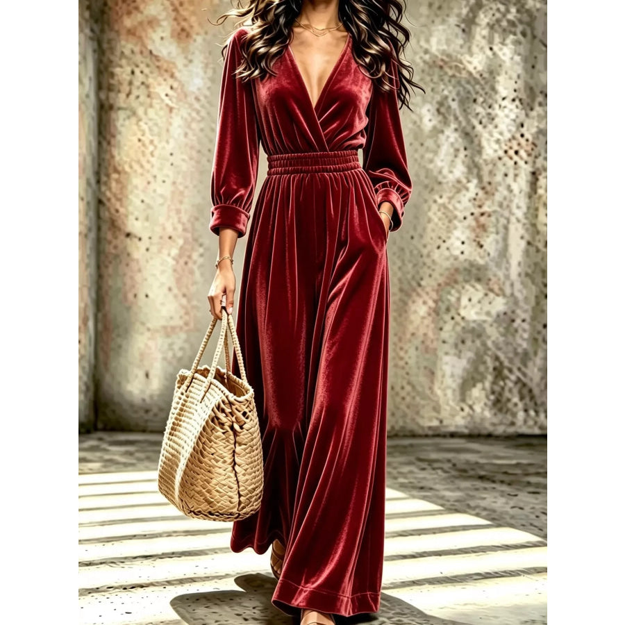 Velvet Surplice Long Sleeve Jumpsuit Red / S Apparel and Accessories