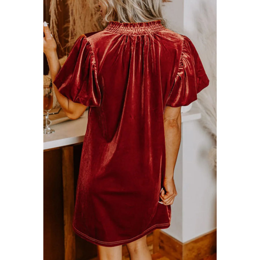 Velvet Tie Neck Short Sleeve Mini Dress Apparel and Accessories