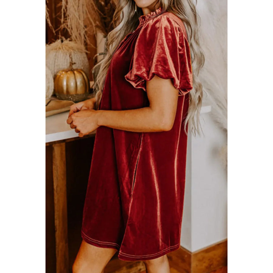 Velvet Tie Neck Short Sleeve Mini Dress Apparel and Accessories