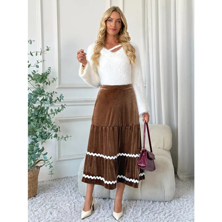 Velvet Tiered Midi Skirt Apparel and Accessories