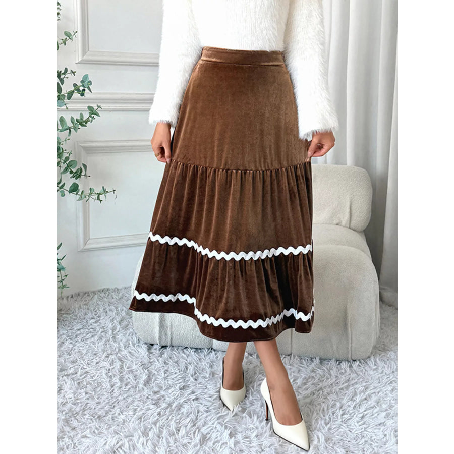 Velvet Tiered Midi Skirt Brown / S Apparel and Accessories