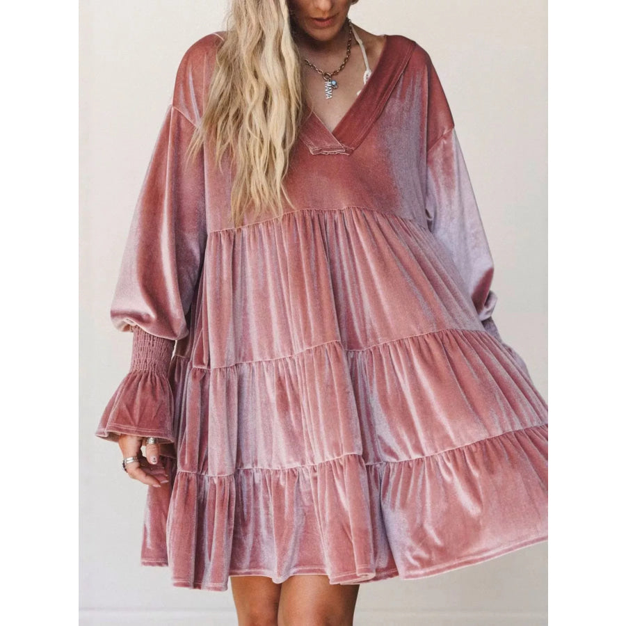 Velvet Tiered Mini Dress with Balloon Sleeves Dusty Pink / S