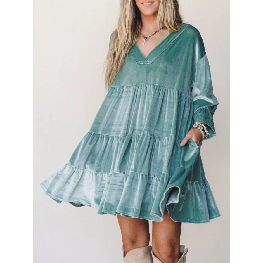 Velvet Tiered Mini Dress with Balloon Sleeves Emerald / S