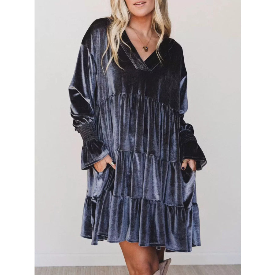 Velvet Tiered Mini Dress with Balloon Sleeves Navy Blue / S