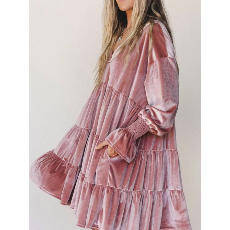 Velvet Tiered Mini Dress with Balloon Sleeves