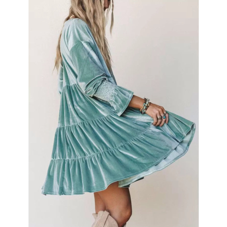 Velvet Tiered Mini Dress with Balloon Sleeves