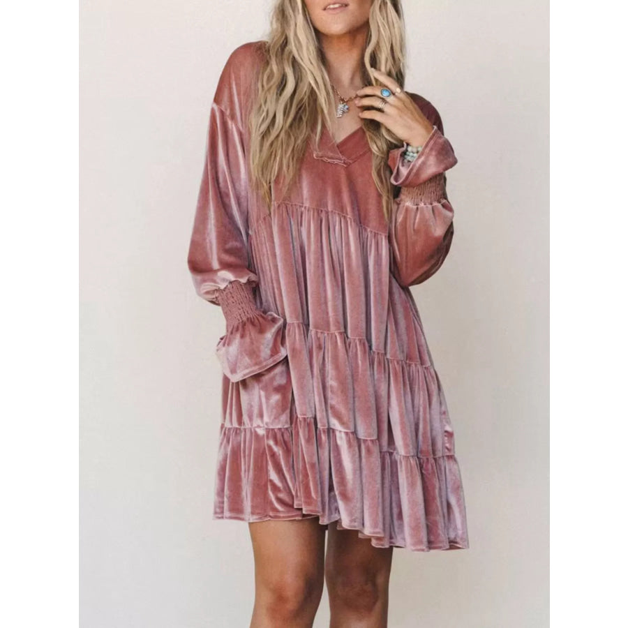 Velvet Tiered Mini Dress with Balloon Sleeves