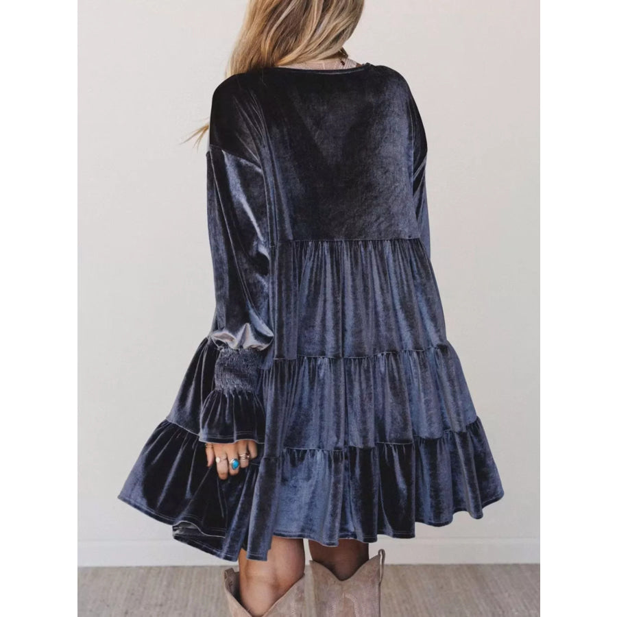 Velvet Tiered Mini Dress with Balloon Sleeves