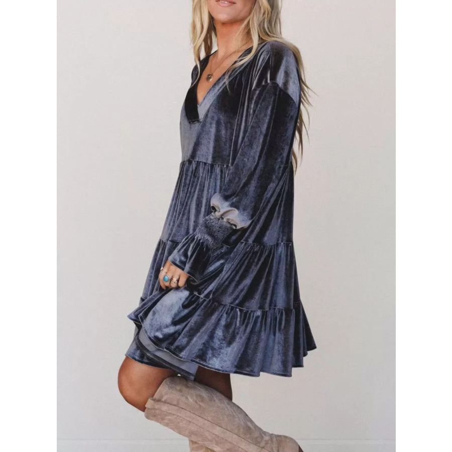 Velvet Tiered Mini Dress with Balloon Sleeves
