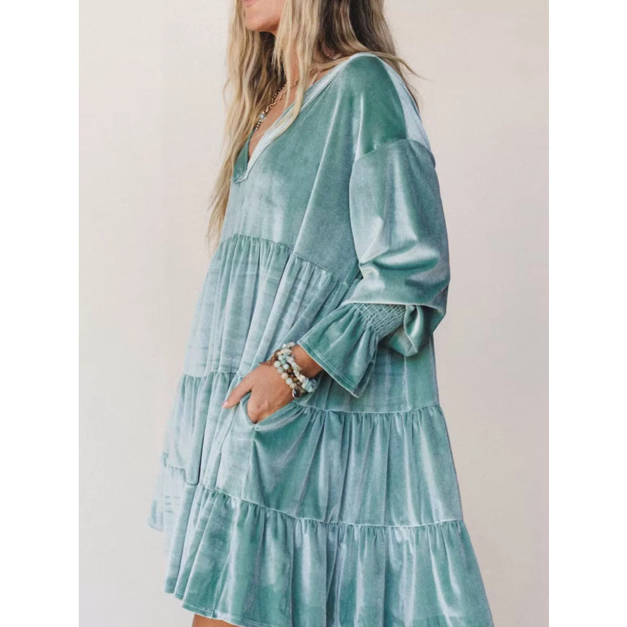 Velvet Tiered Mini Dress with Balloon Sleeves