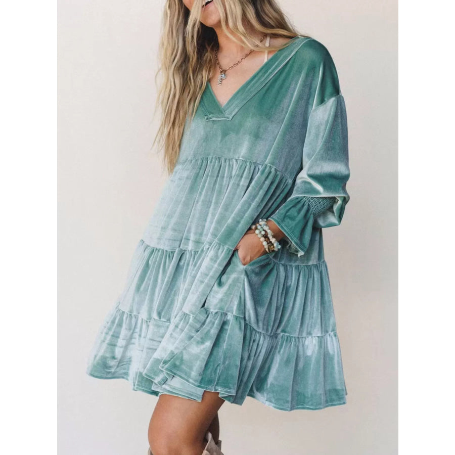 Velvet Tiered Mini Dress with Balloon Sleeves