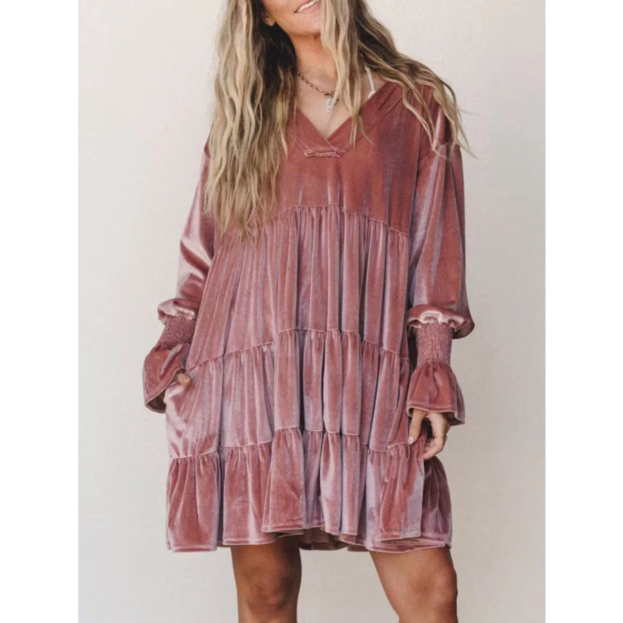 Velvet Tiered Mini Dress with Balloon Sleeves