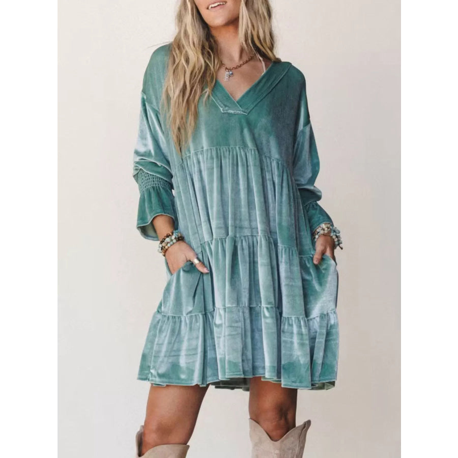 Velvet Tiered Mini Dress with Balloon Sleeves