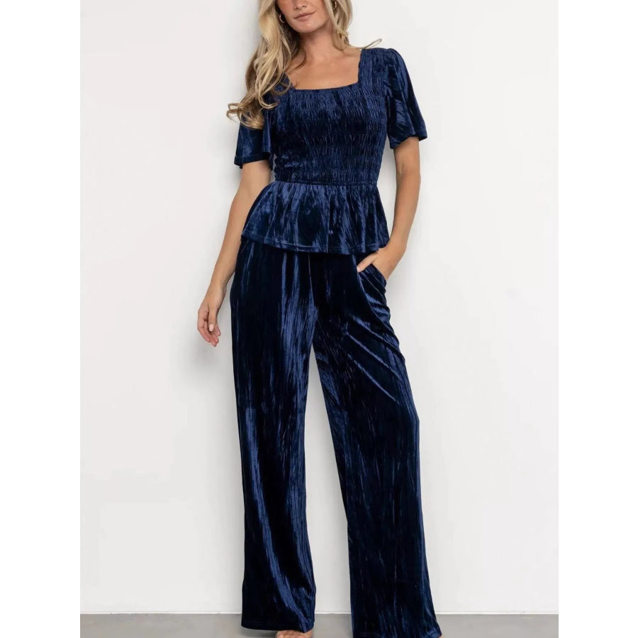 Velvet Top and Wide-Leg Pants Set Navy Blue / S Apparel and Accessories