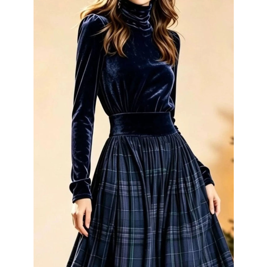 Velvet Turtleneck Top and Plaid Maxi Skirt Two-Piece Set Apparel Accessories