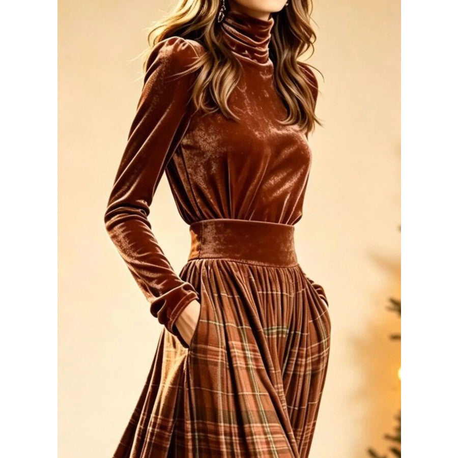 Velvet Turtleneck Top and Plaid Maxi Skirt Two-Piece Set Apparel Accessories