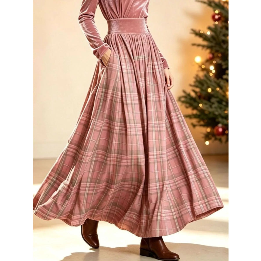 Velvet Turtleneck Top and Plaid Maxi Skirt Two-Piece Set Apparel Accessories