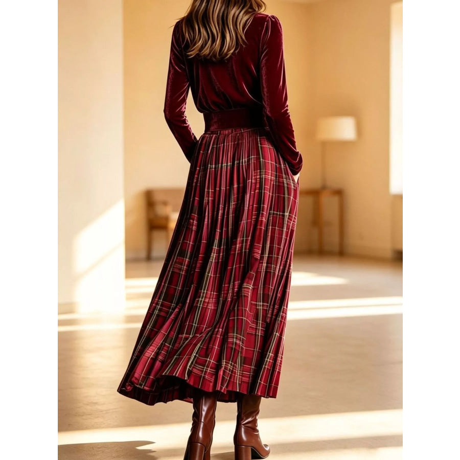 Velvet Turtleneck Top and Plaid Maxi Skirt Two-Piece Set Apparel Accessories