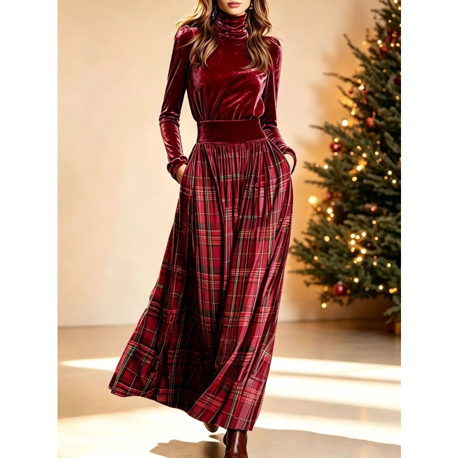 Velvet Turtleneck Top and Plaid Maxi Skirt Two-Piece Set Burgundy / S Apparel Accessories