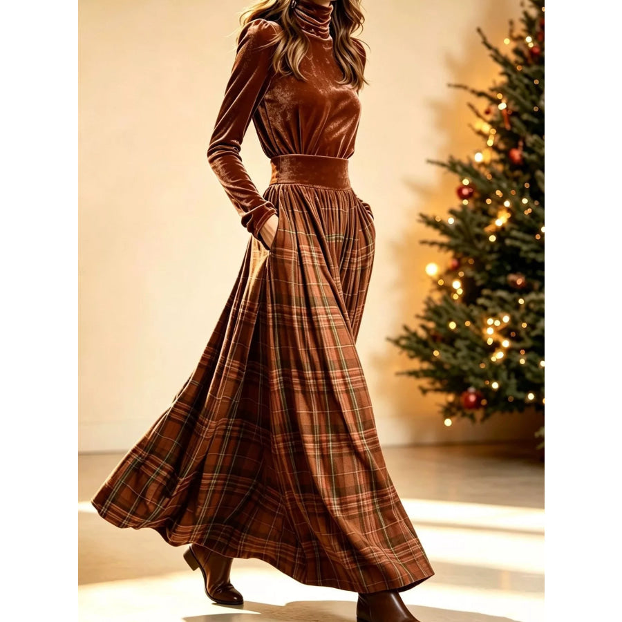 Velvet Turtleneck Top and Plaid Maxi Skirt Two-Piece Set Caramel / S Apparel Accessories