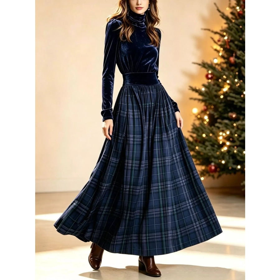 Velvet Turtleneck Top and Plaid Maxi Skirt Two-Piece Set Navy / S Apparel Accessories
