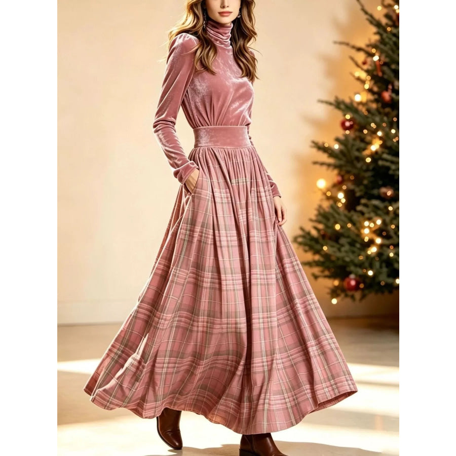 Velvet Turtleneck Top and Plaid Maxi Skirt Two-Piece Set Pink / S Apparel Accessories