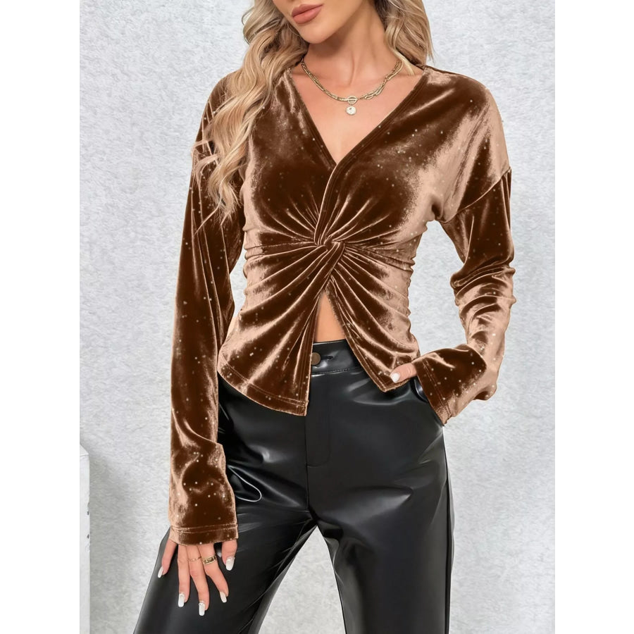 Velvet Twist-Front Long Sleeve T-Shirt Brown / S Apparel and Accessories