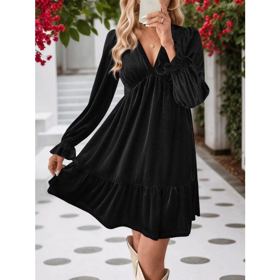 Velvet V-Neck Long Sleeve Ruffle Hem Mini Dress Apparel and Accessories
