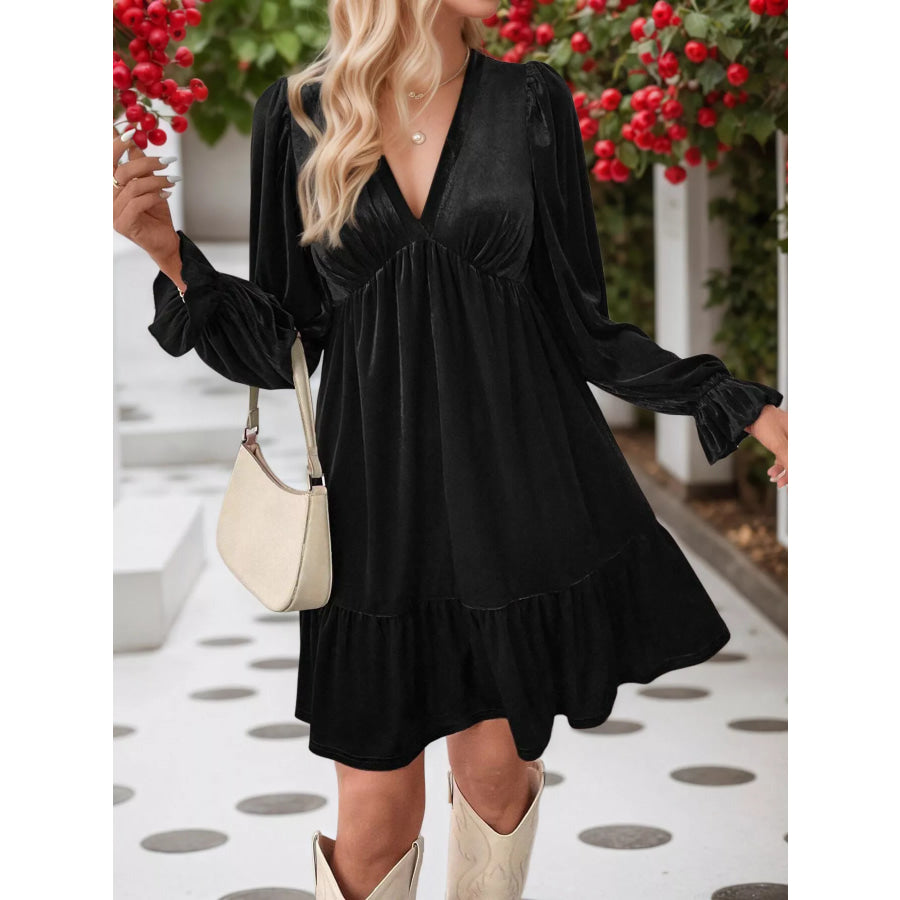 Velvet V-Neck Long Sleeve Ruffle Hem Mini Dress Apparel and Accessories