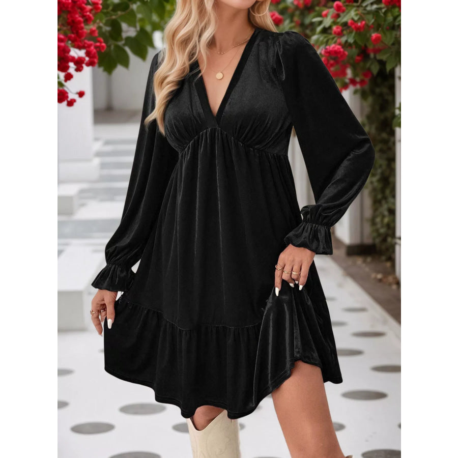 Velvet V-Neck Long Sleeve Ruffle Hem Mini Dress Black / S Apparel and Accessories